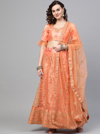 Chhabra 555 Peach Net Semi-stitched Lehenga Set with Jaal Gold Kasab Zari Work with Floral Motifs