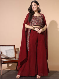 Maroon Embroidered Crop Top with Flared Cape and Palazzo