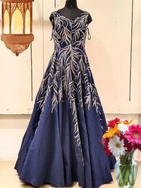 Navy Blue Sequences Embellished Long Barbie Party Wear Gown Dress