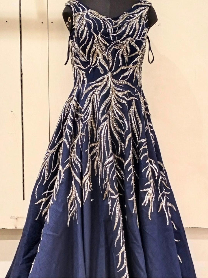 Navy Blue Sequences Embellished Long Barbie Party Wear Gown Dress