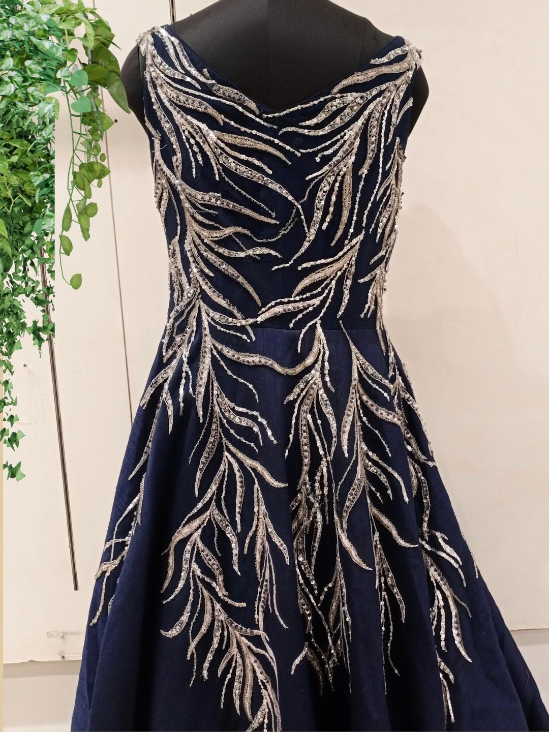 Navy Blue Sequences Embellished Long Barbie Party Wear Gown Dress
