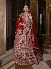 Silk Zari & Meenakari Embroidered Bridal Lehenga Choli with Dupatta in Deep Red