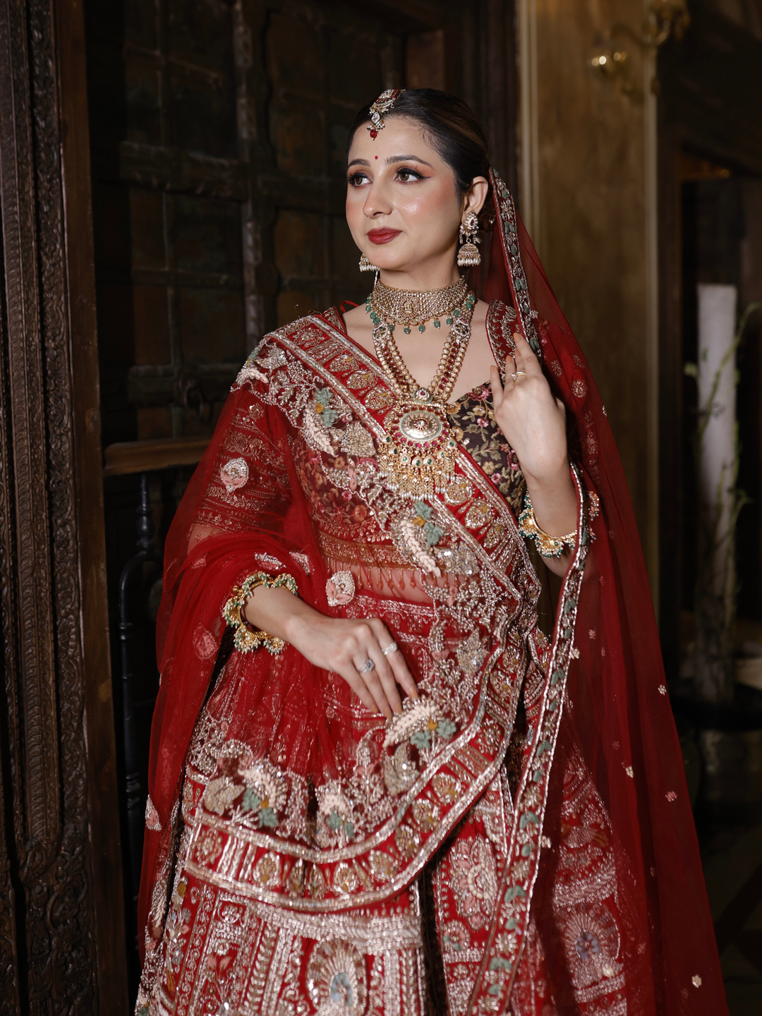 Silk Zari & Meenakari Embroidered Bridal Lehenga Choli with Dupatta in Deep Red