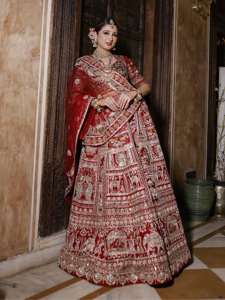 Silk Zari & Meenakari Embroidered Bridal Lehenga Choli with Dupatta in Deep Red