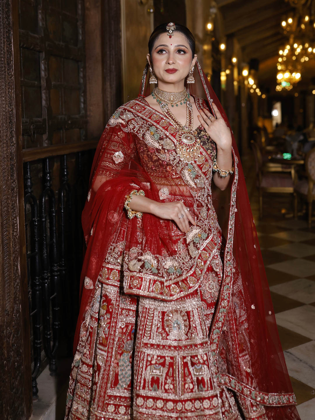 Silk Zari & Meenakari Embroidered Bridal Lehenga Choli with Dupatta in Deep Red