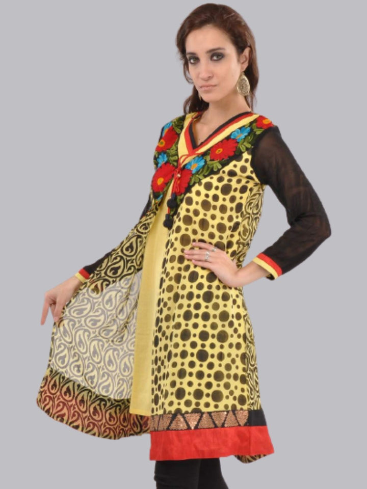 Black & Beige Printed, Resham Embroidered Georgette  Kurti