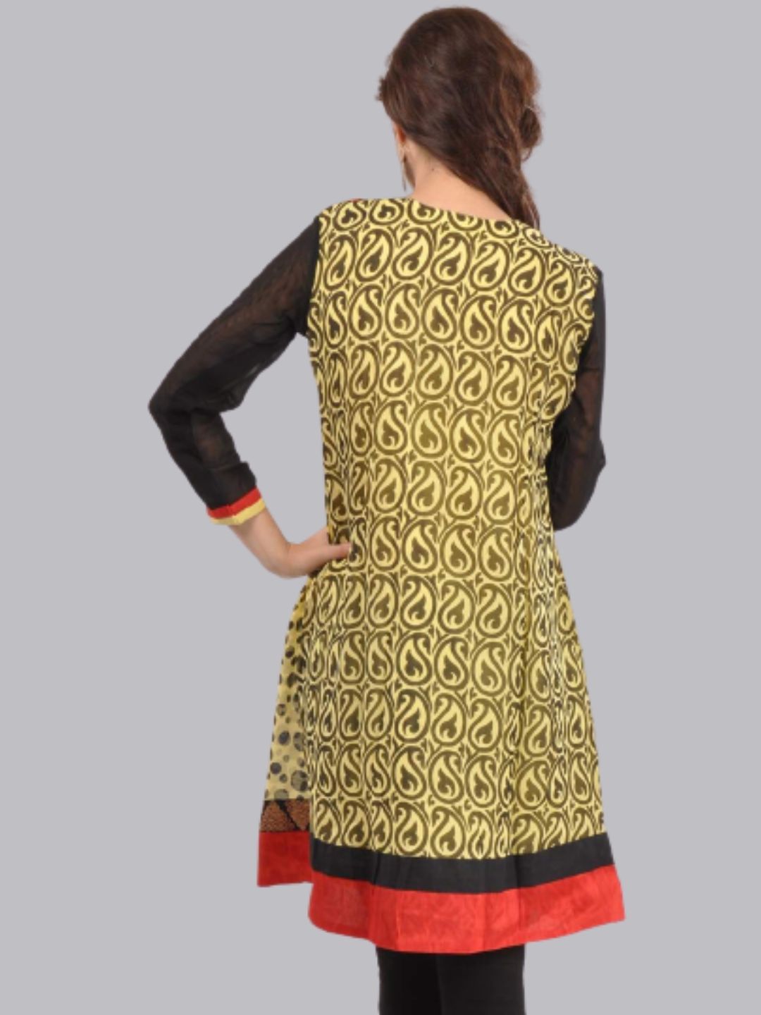 Black & Beige Printed, Resham Embroidered Georgette  Kurti