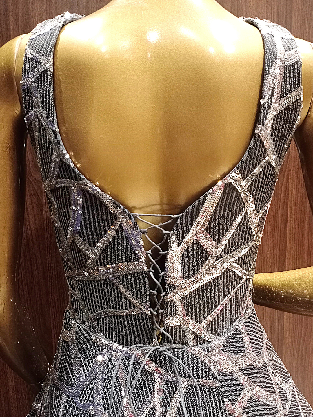 Grey Flared Sequence Gown With Geometrical Sequence Embellishments