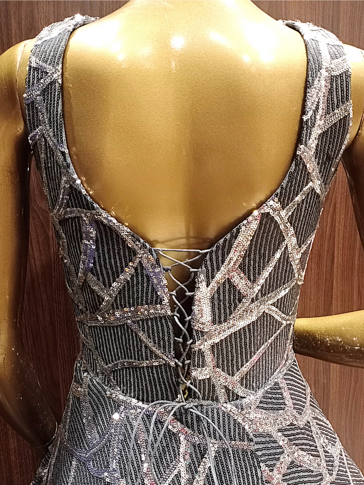 Grey Flared Sequence Gown With Geometrical Sequence Embellishments