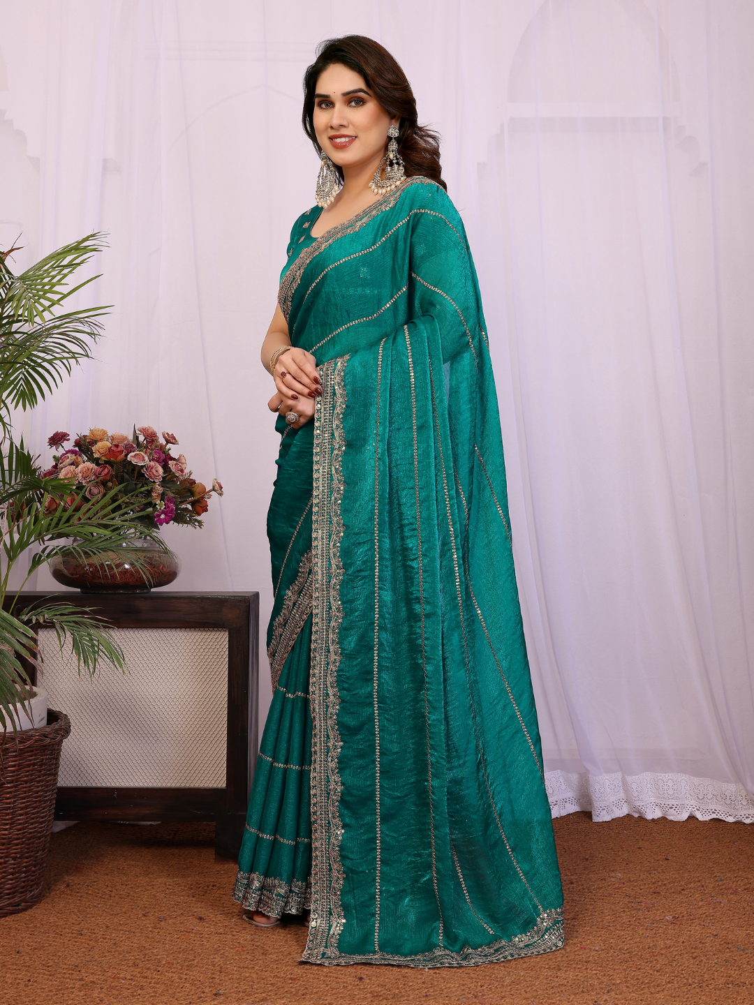 Teal Zari Striped Sequin Embroidered Border Saree with Booti Blouse