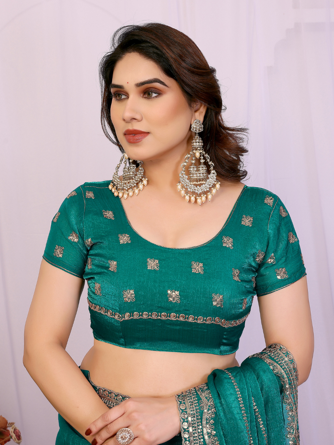 Teal Zari Striped Sequin Embroidered Border Saree with Booti Blouse