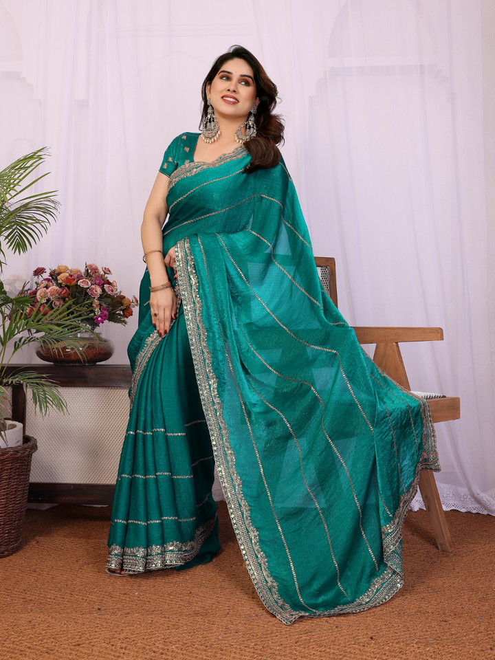 Teal Zari Striped Sequin Embroidered Border Saree with Booti Blouse