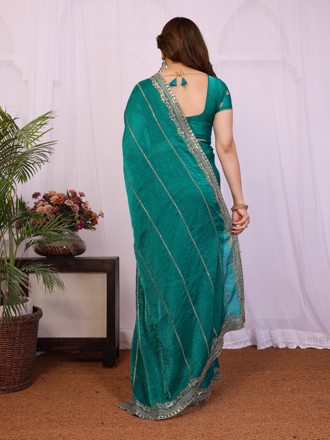 Teal Zari Striped Sequin Embroidered Border Saree with Booti Blouse
