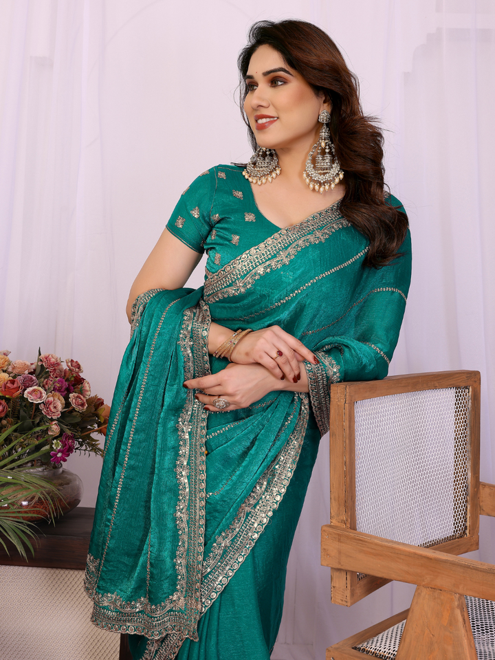 Teal Zari Striped Sequin Embroidered Border Saree with Booti Blouse