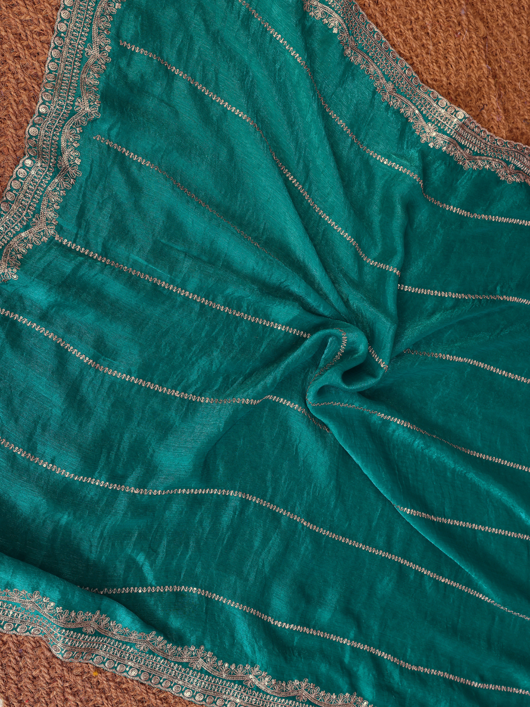 Teal Zari Striped Sequin Embroidered Border Saree with Booti Blouse