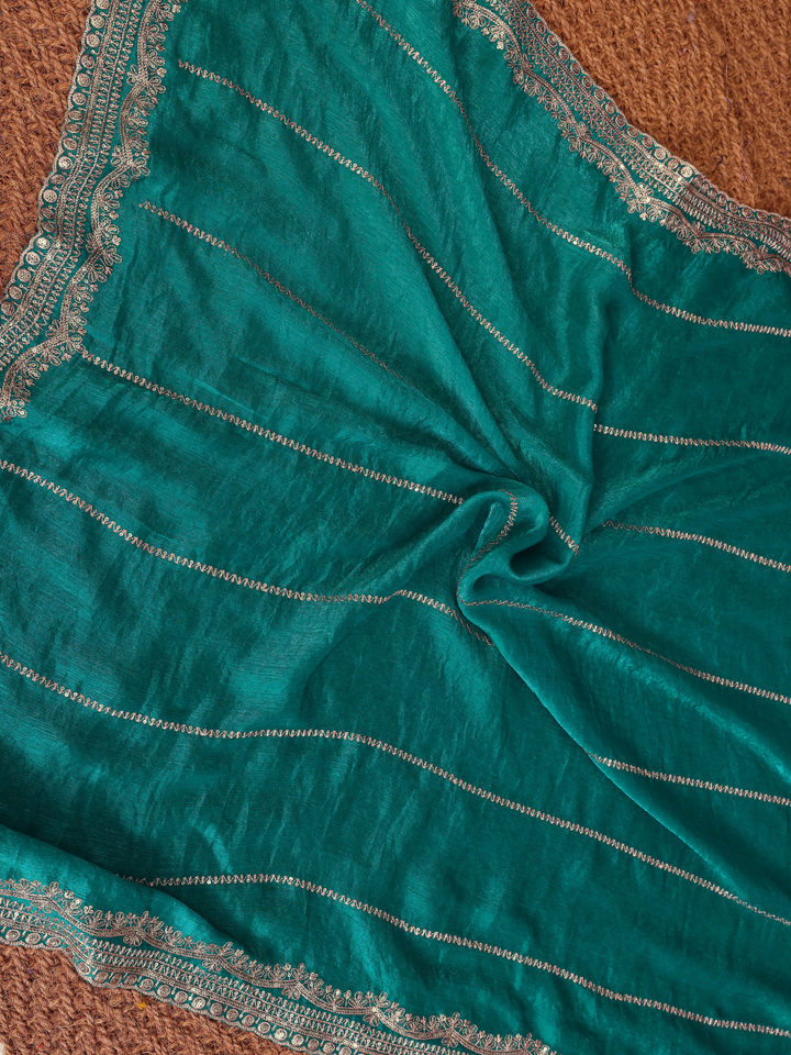 Teal Zari Striped Sequin Embroidered Border Saree with Booti Blouse