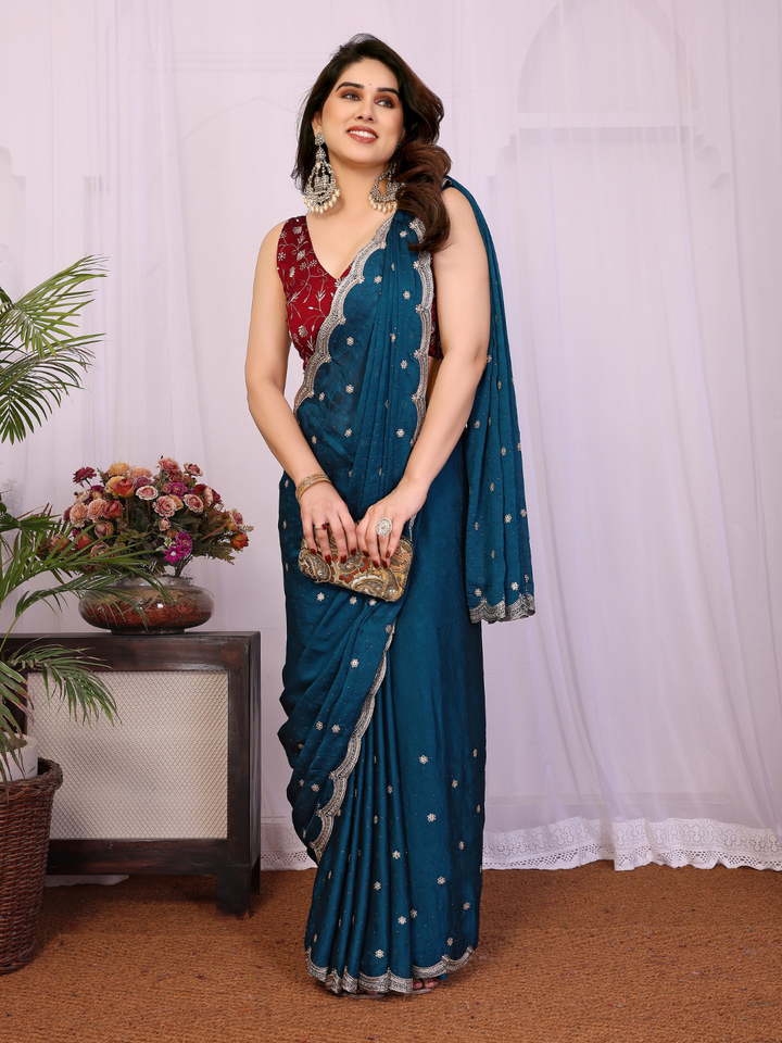 Sequin Embroidered Scalloped Border Saree with  Embroidered Blouse