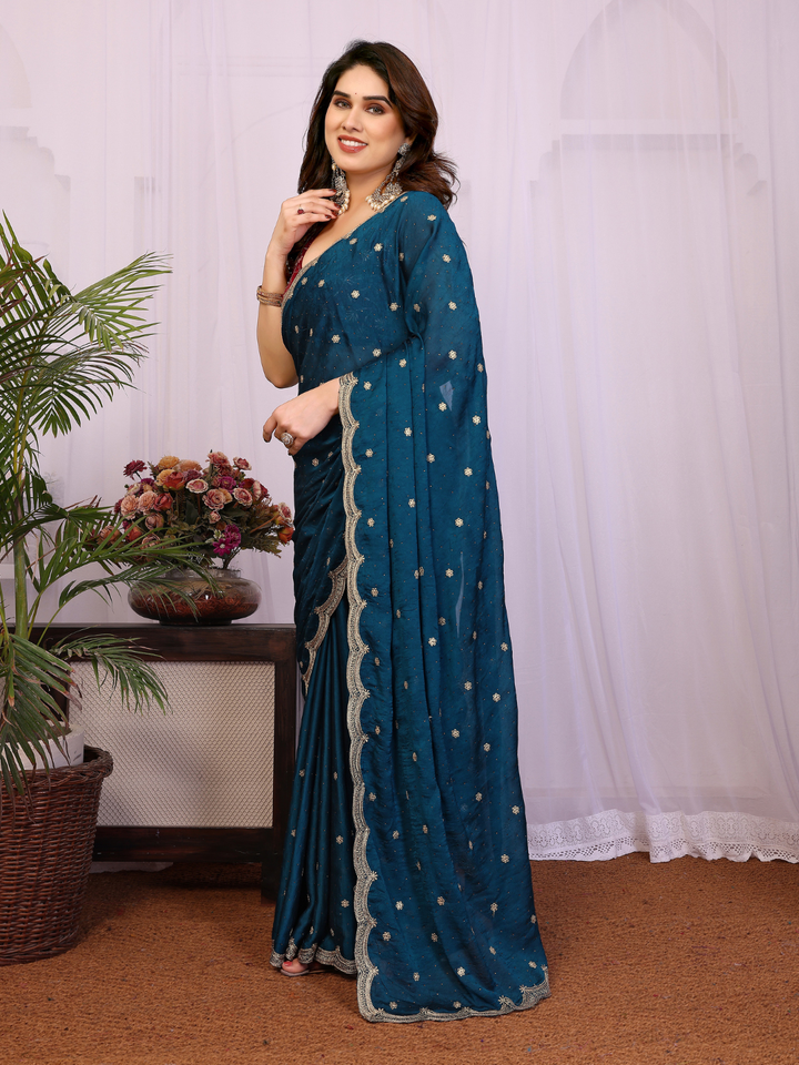 Sequin Embroidered Scalloped Border Saree with  Embroidered Blouse