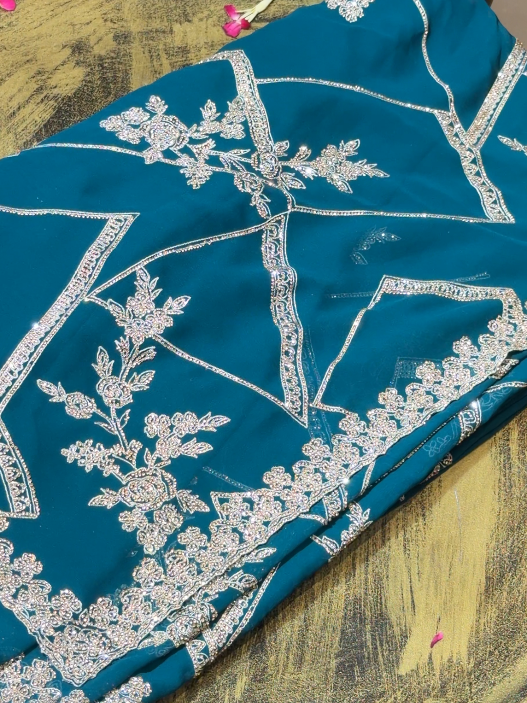 Georgette Heavy Zari & Stone Embroidered Floral & Geometric Saree with Embroidered Border