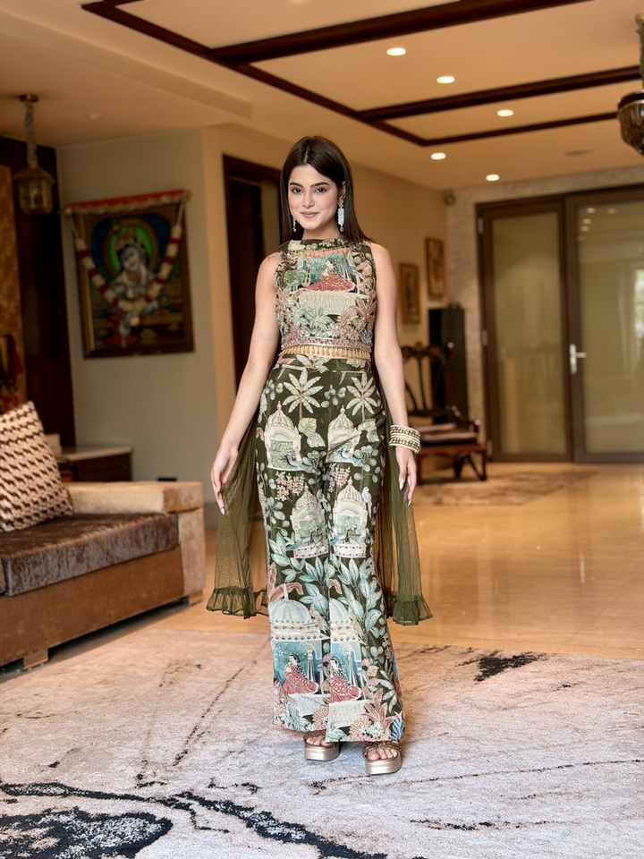 Silk Pichwai Printed & Embellished Co-ord Set with Dupatta in Olive Green