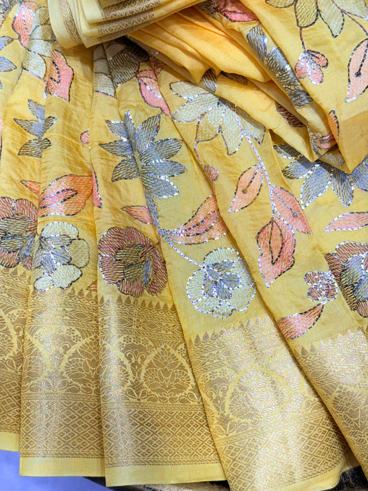 Banarasi Silk Saree with Floral Embroidery and Zari Woven Border