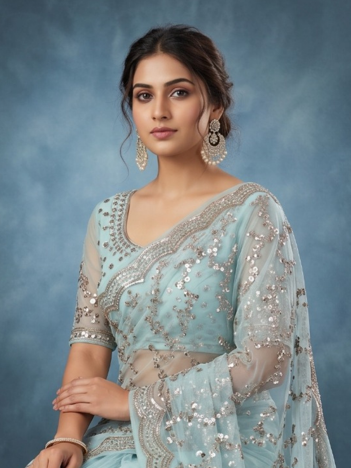 Sequin Embroidered Net Saree with Unstitched Blouse Piece in Sky Blue