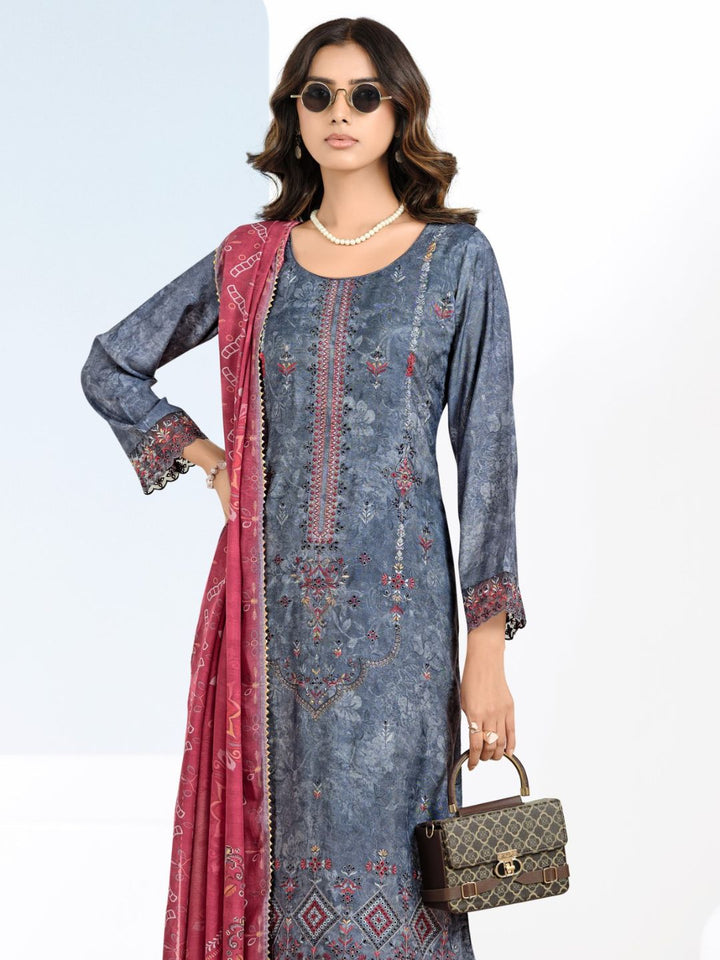 Cotton Printed & Embroidered Unstitched Suit Dupatta in Steel Blue & Magenta