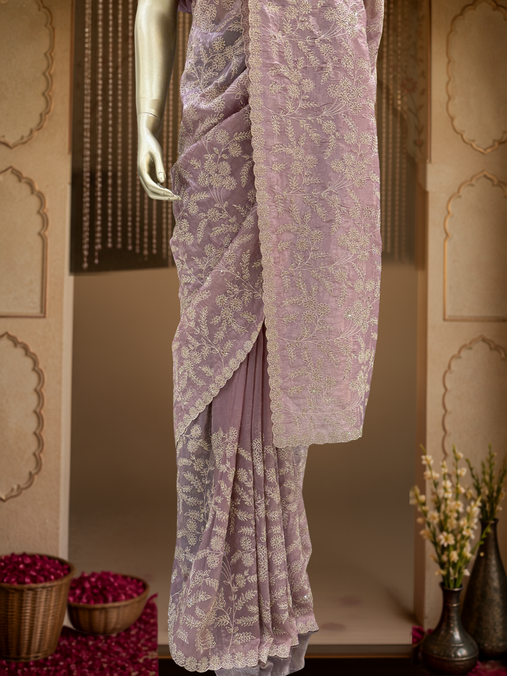 Organza Silk Thread & Sequin Floral Embroidered Saree with Blouse Piece in Light pink