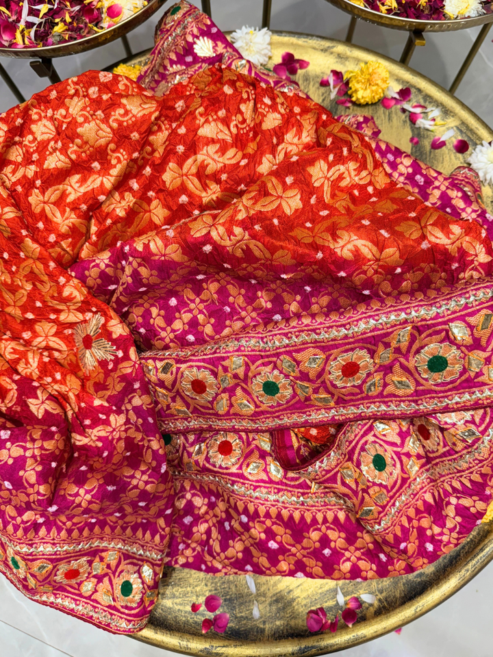 Rani Pink Shaded Gota Patti Embroidered Saree with Golden Booti