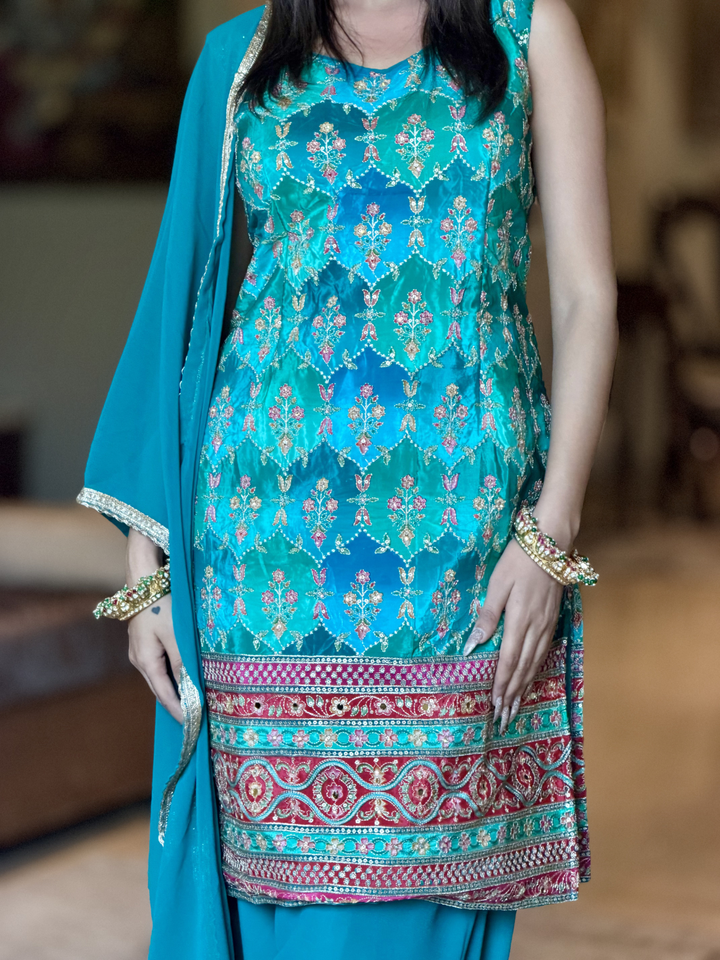Crepe Heavy Sequin & Zari Embroidered Sleeveless Kurti with Georgette Salwar and Dupatta in Turquoise