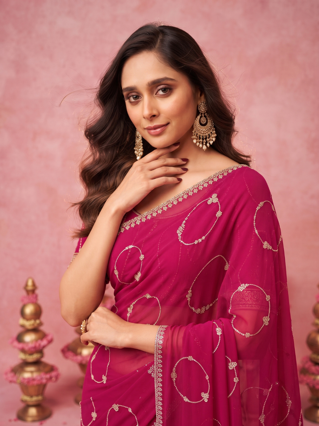 Georgette Saree with Silver Zari Ring Motifs Embroidery & Scalloped Lace Border
