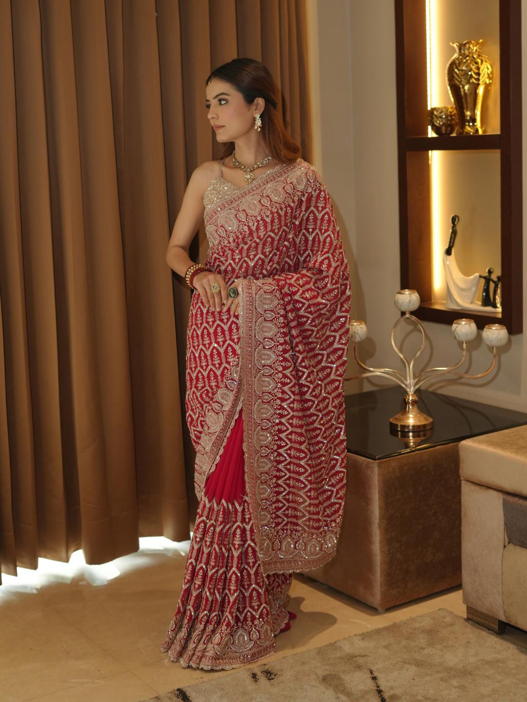 Georgette Saree with Silver Zari Sequin Embroidery, Leaf Jaal & Scalloped Border