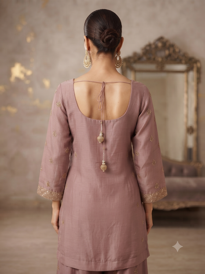Sequin & Zari Embroidered Kurta with Palazzo Set in Mauve Pink