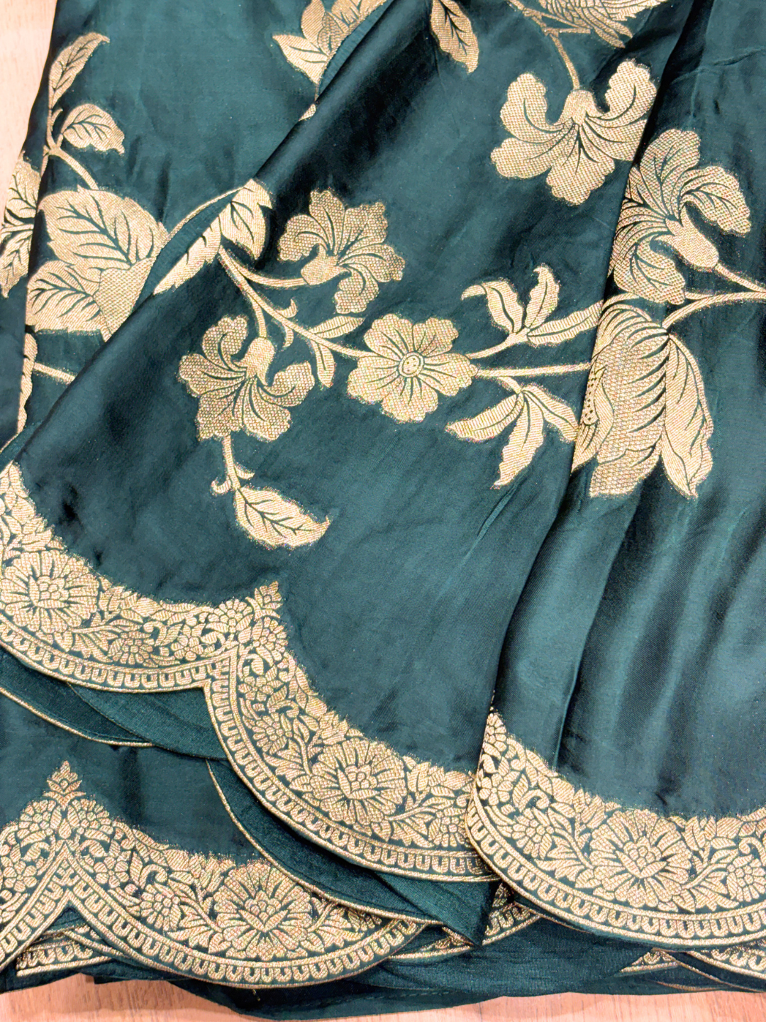 Teal Green Silk Golden Zari Woven Floral Saree with Scalloped Border