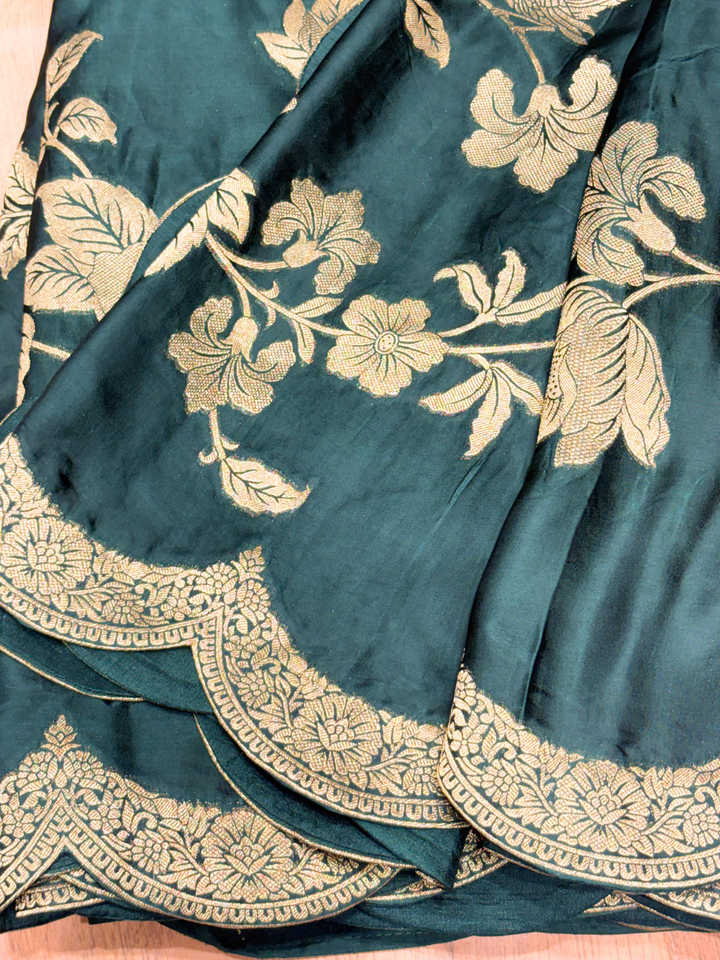 Teal Green Silk Golden Zari Woven Floral Saree with Scalloped Border