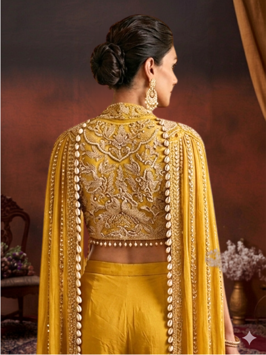 Silk Sequin & Mirror Embroidered Cape Blouse with Palazzo Set in Mustard