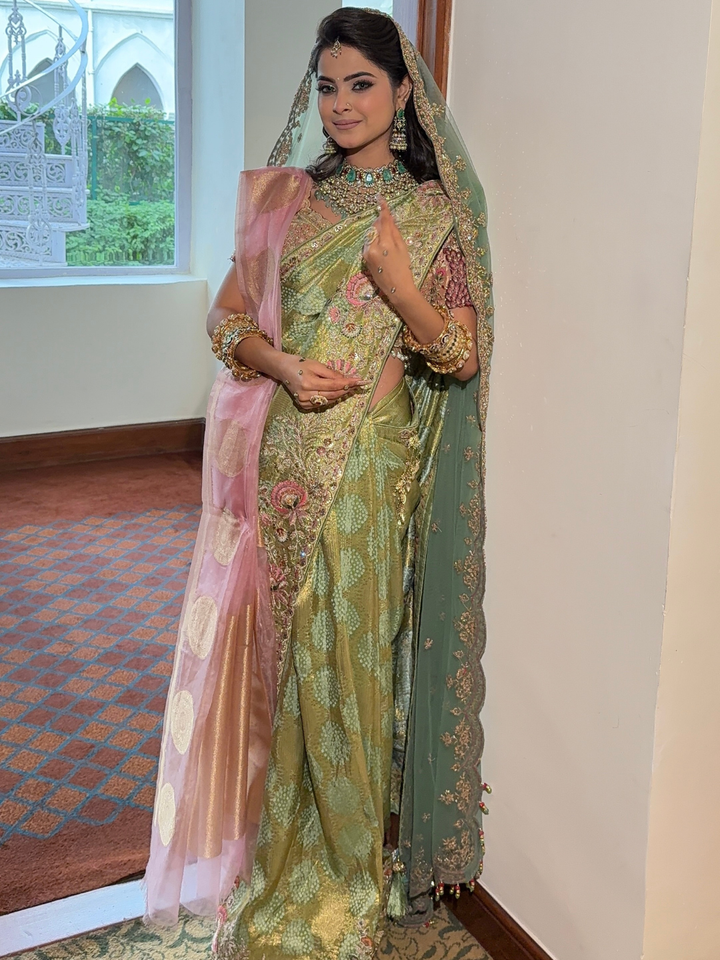 Zari & Sequin Embroidered Floral Jaal Saree with Embroidered Border in Pista Green