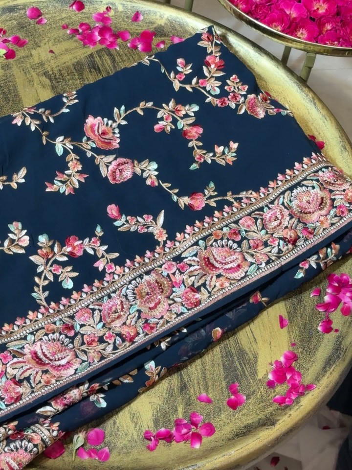 Floral Embroidered Georgette Saree in Navy Blue