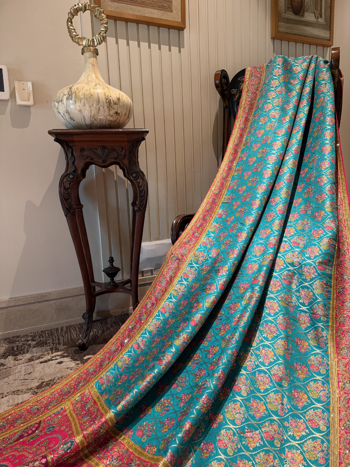 Teal Blue & Pink Banarasi Silk Saree with Meenakari Floral Jaal Weaving & Heavy Zari Paisley Border
