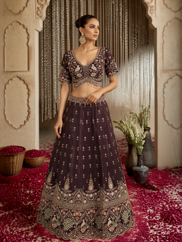 Silk Lehenga Choli with Zari & Resham Floral Embroidery, Crane Motif Blouse & Pearl Tassel Hem with Dupatta