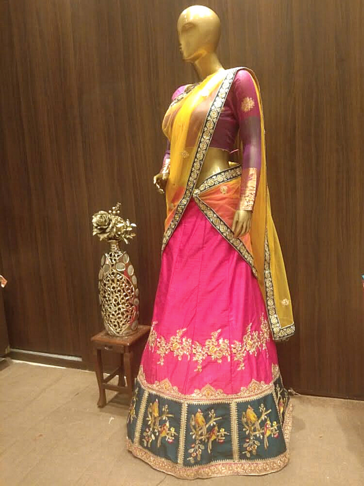 Fushcia Semi-Stitched Lehenga with Contrast Dupatta & Blouse With Placement  Embroidery