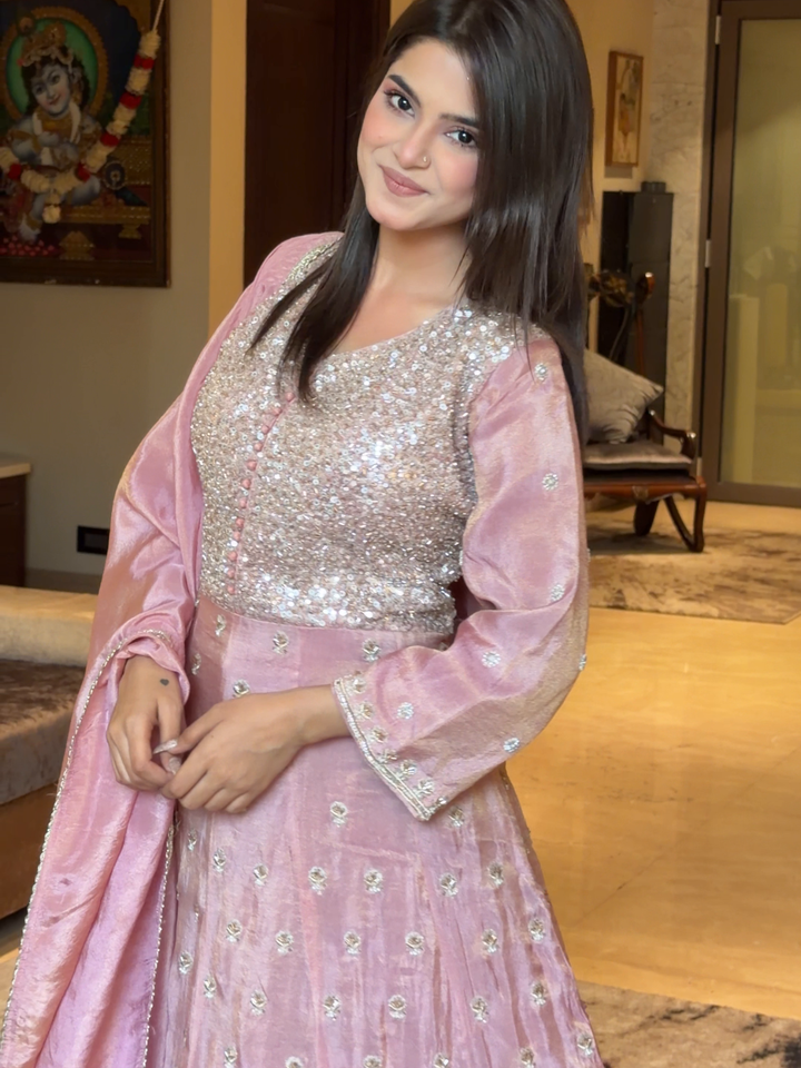 Silk Sequin Embellished & Zari Buti Anarkali Gown with Dupatta in Baby Pink