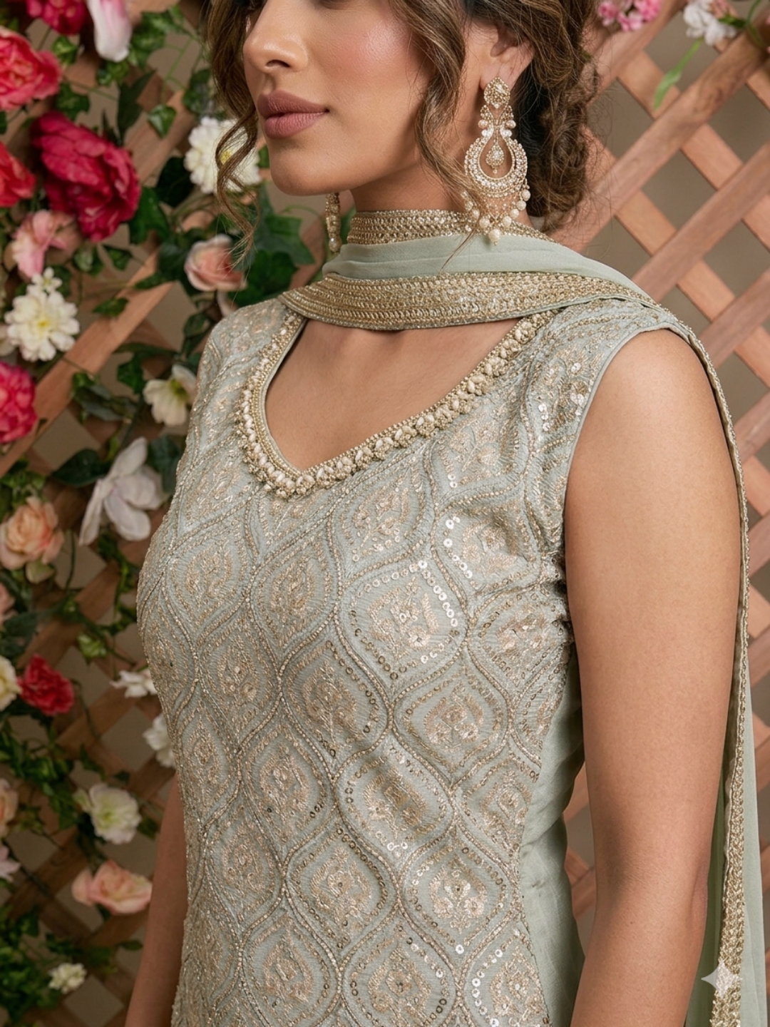 Sequinned Resham Embroidered Georgette Kurta with Sharara and Dupatta with Geometric Jaal Pattern