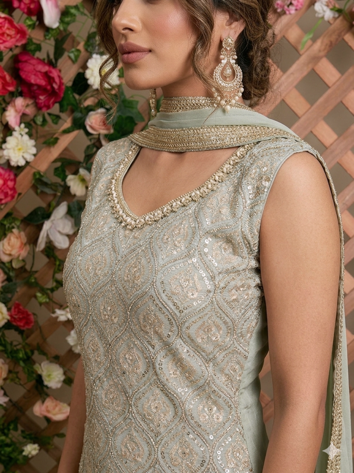 Sequinned Resham Embroidered Georgette Kurta with Sharara and Dupatta with Geometric Jaal Pattern