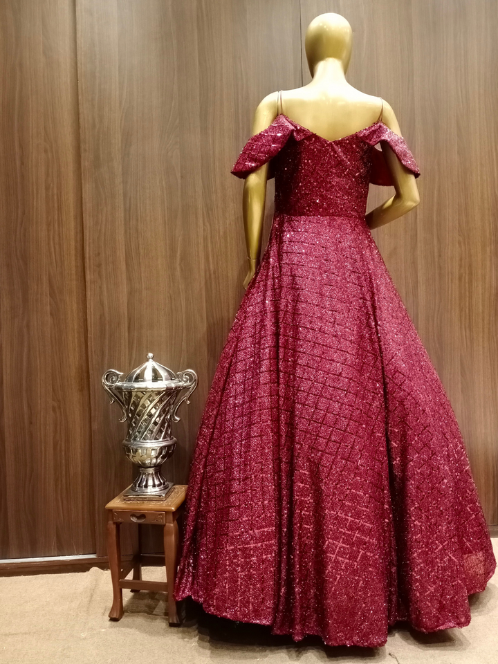 Maroon Flared Sequin Embellished Gown With Cold Shoulder Sleeves