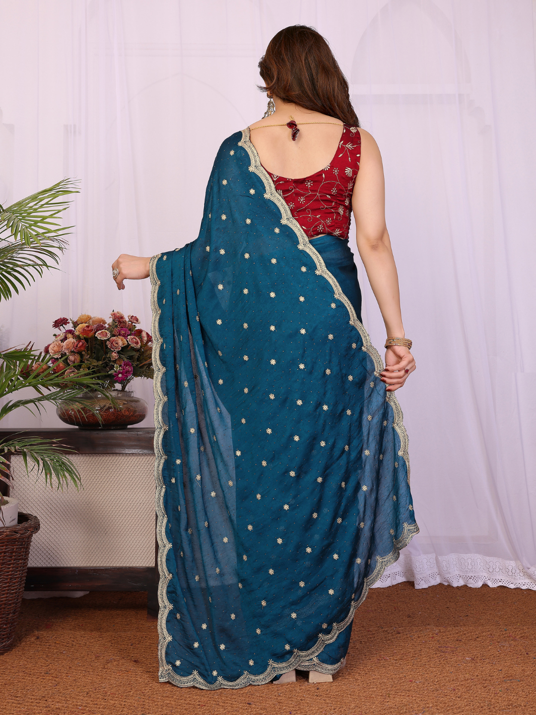Sequin Embroidered Scalloped Border Saree with  Embroidered Blouse