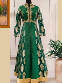 Bright Green Banarasi Woven & Pintex Embellished Long Gown Dress