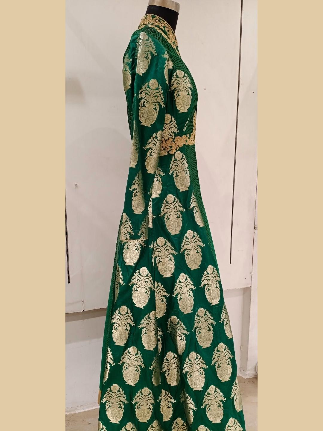 Bright Green Banarasi Woven & Pintex Embellished Long Gown Dress