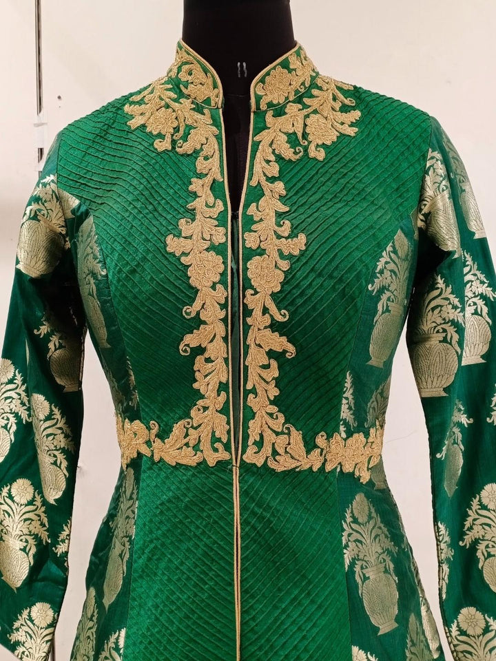 Bright Green Banarasi Woven & Pintex Embellished Long Gown Dress