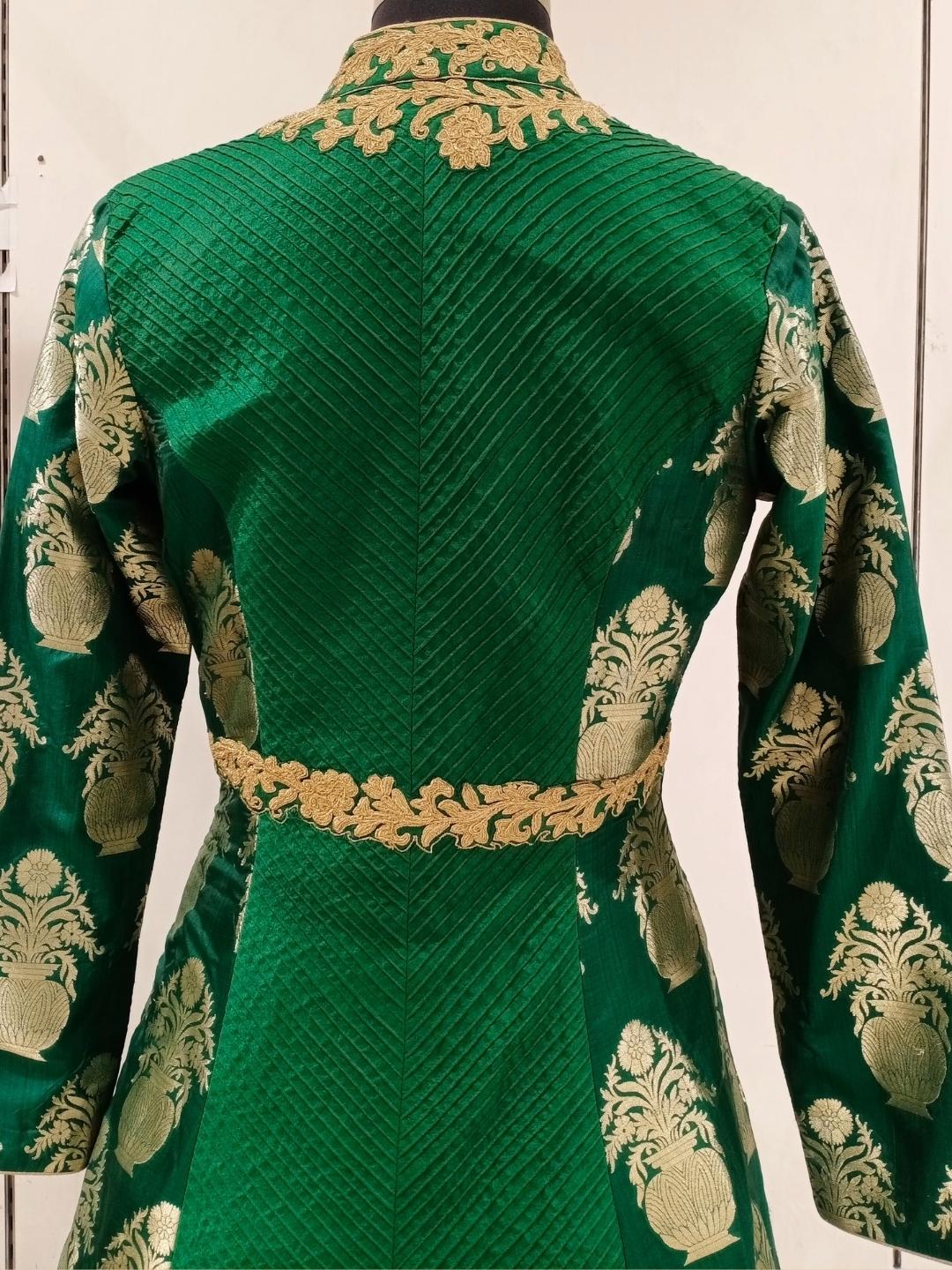 Bright Green Banarasi Woven & Pintex Embellished Long Gown Dress
